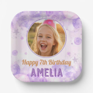 Magical Purple Photo Birthday Party Paper Plate