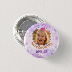 Magical Purple Photo Happy Birthday Party  3 Cm Round Badge