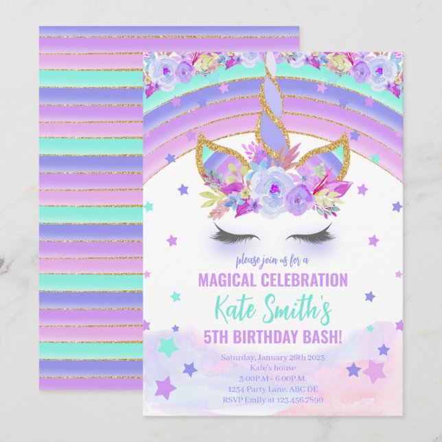 Magical Purple Unicorn Birthday Invitation (Front/Back)