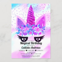 Magical Purple Unicorn Floral Glitter Birthday
