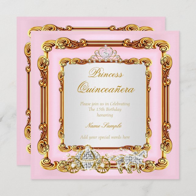 Magical Quinceanera Pink Gold Horse Carriage Invitation (Front/Back)