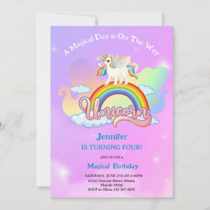 Magical Rainbow and Unicorn Birthday pink purple Invitation
