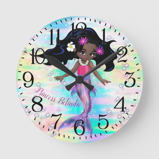 Magical Rainbow Bubbles & Baby Mermaids Round Clock (Front)