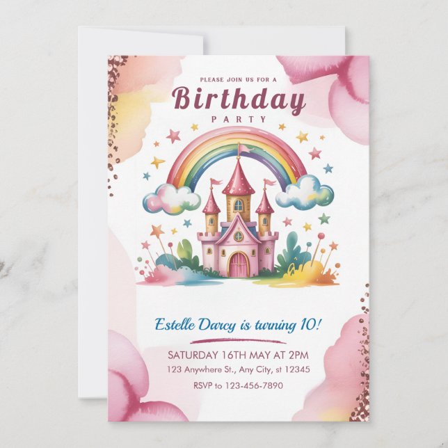 Magical Rainbow Castle 10th Birthday Invitation (Front)