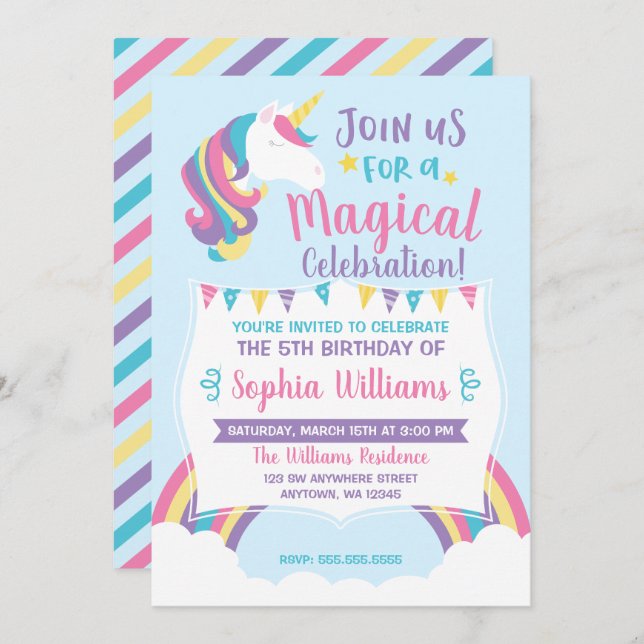 Magical Rainbow Cloud Unicorn Birthday Invitations (Front/Back)