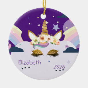 Magical Rainbow Gold Glitter Unicorn Stars,Clouds Ceramic Ornament