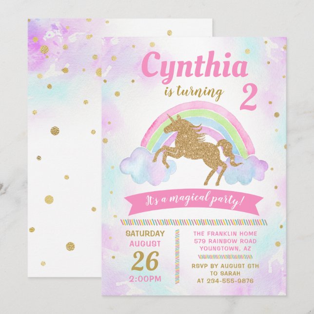 Magical Rainbow Gold Unicorn Birthday Invitation (Front/Back)