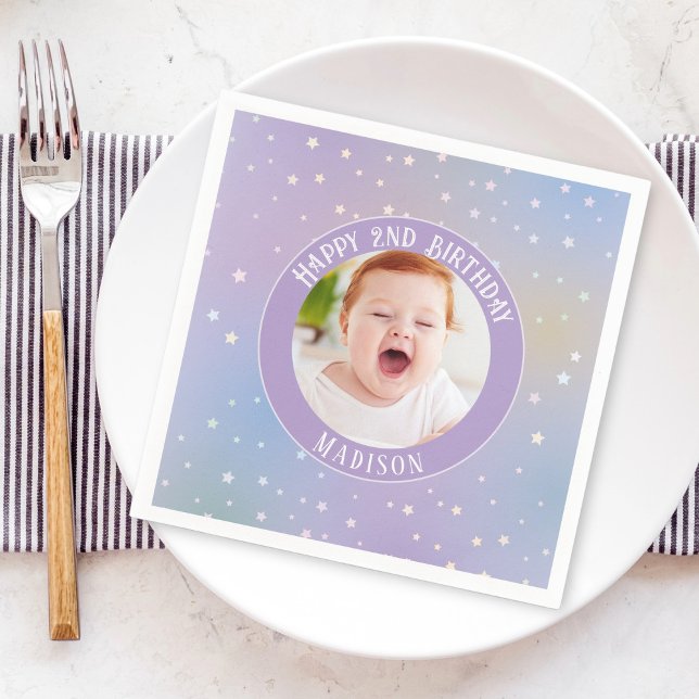 Magical Rainbow Little Stars Kids Birthday Photo Napkin (Creator Uploaded)