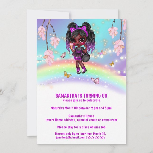 Magical rainbow melanin cool girl fantasy flowers invitation (Front)
