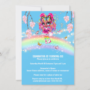 Magical rainbow melanin girl fantasy lights floral invitation