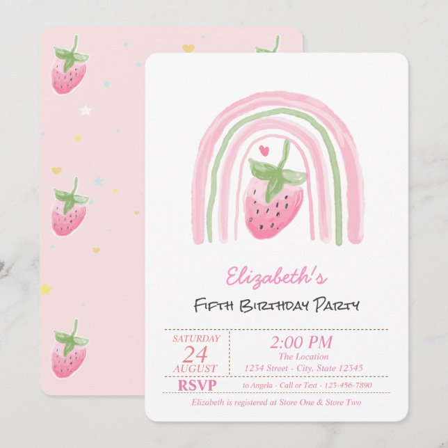 Magical Rainbow Strawberry, Stars Birthday  Invitation (Front/Back)