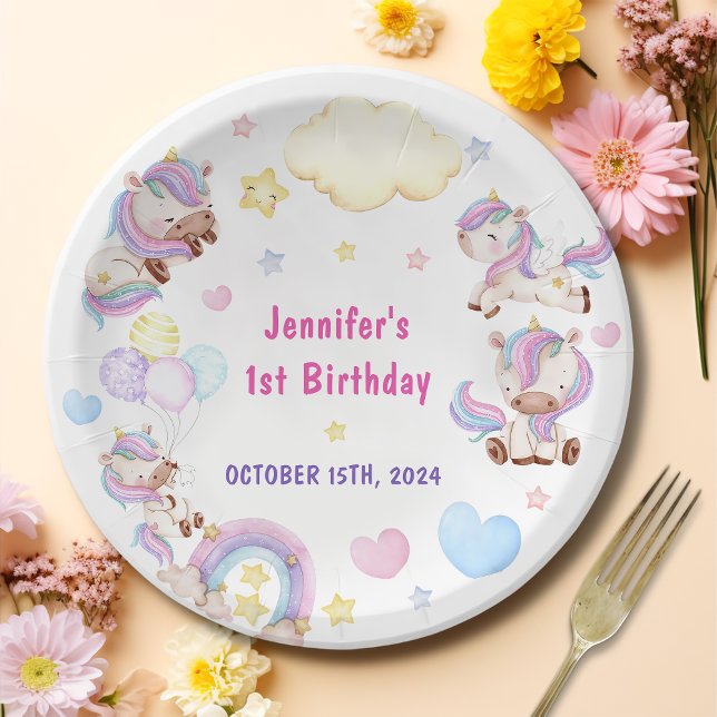 Magical Rainbow Unicorn 1st Birthday Party  Paper Plate (Creator Uploaded)