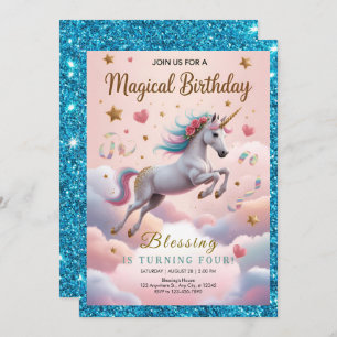 Magical Rainbow Unicorn 4th Birthday Invitation