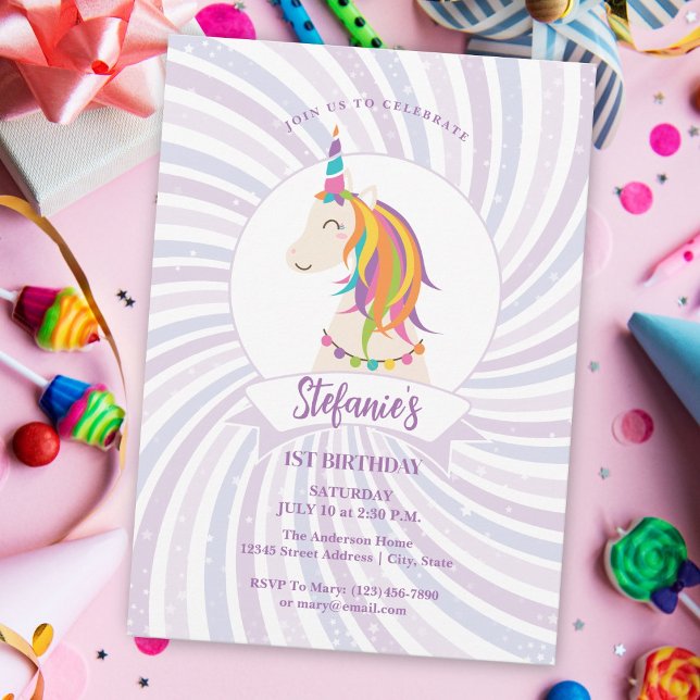 Magical Rainbow Unicorn Baby Girl 1st Birthday Invitation (Creator Uploaded)