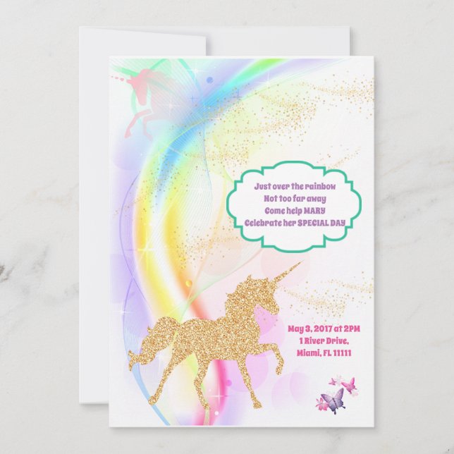 Magical rainbow unicorn birthday party invitation (Front)