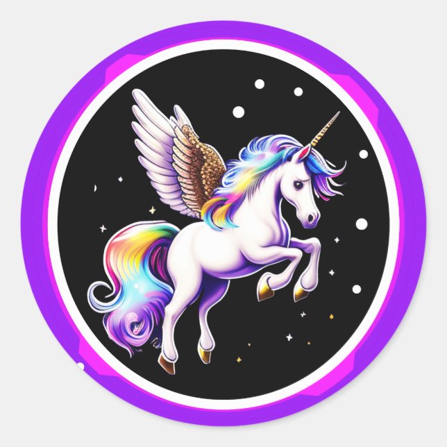 Magical Rainbow Unicorn Classic Round Sticker (Front)