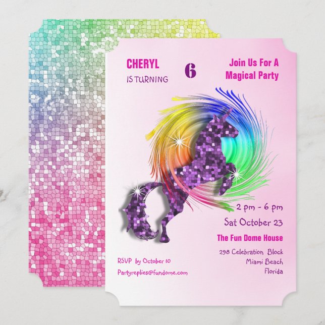 Magical Rainbow Unicorn Cute Girly Party Invite (Front/Back)