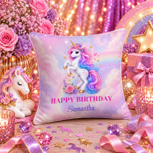 Magical Rainbow Unicorn Girl Birthday Accent Pillo Cushion