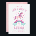 Magical Rainbow Unicorn Girl Birthday Card<br><div class="desc">A cute pink unicorn surrounded with hearts and standing on a rainbow decorates this cute girl unicorn birthday card. Personalise it for your favourite girl's birthday. Designed for you by Blackberry Boulevard.</div>