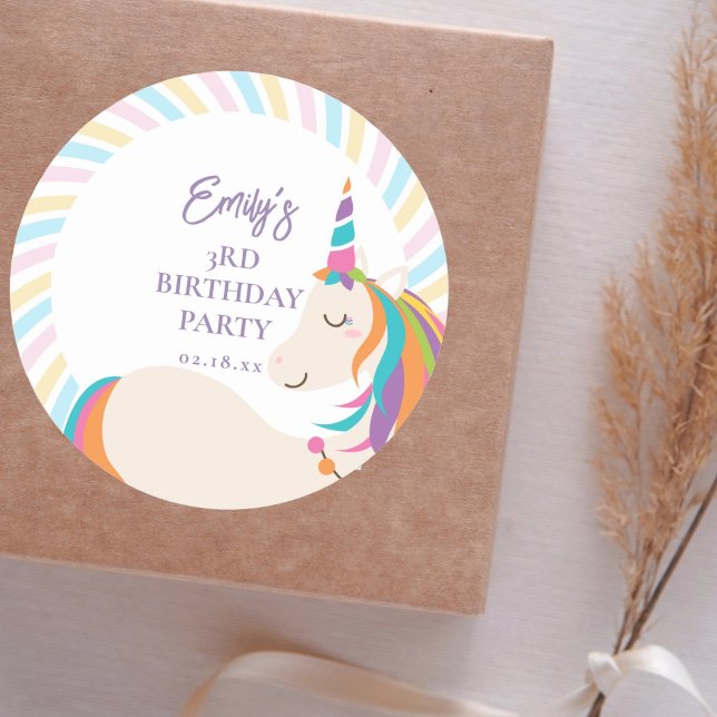 Magical Rainbow Unicorn Girl Birthday Party Classic Round Sticker (Creator Uploaded)