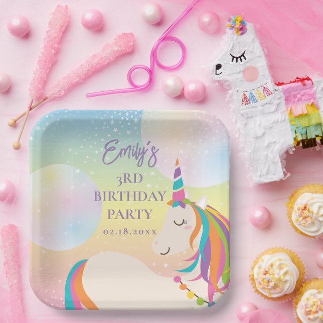 Magical Rainbow Unicorn Girl Birthday Party Paper Plate (Party)