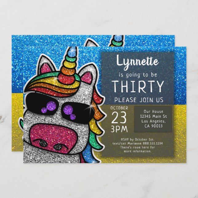 Magical Rainbow Unicorn Glitter Ukraine Birthday Invitation (Front/Back)