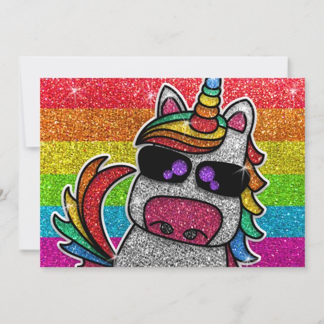 Magical Rainbow Unicorn Glitter Whimsical Birthday Invitation (Back)