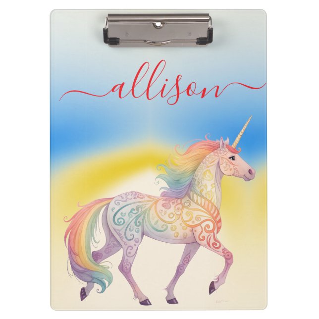 Magical Rainbow Unicorn name Personalised  Clipboard (Front)