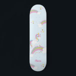 Magical Rainbow Unicorn Personalised Skateboard<br><div class="desc">This cute unicorn skateboard deck features stars and rainbows. Personalise with her name to make a fun gift for a girl!</div>