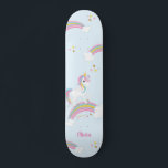 Magical Rainbow Unicorn Personalised Skateboard<br><div class="desc">This cute unicorn skateboard deck features stars and rainbows. Personalise with her name to make a fun gift for a girl!</div>
