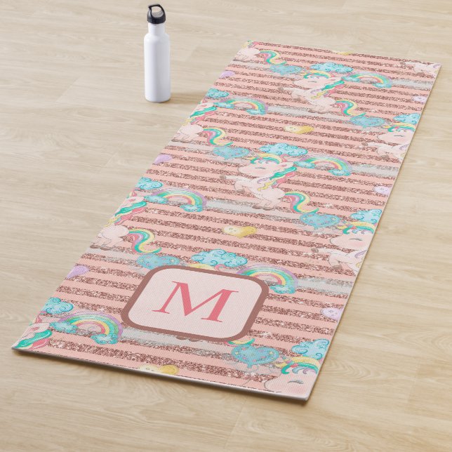 Magical Rainbow Unicorn Pink Glitter Monogram Yoga Mat (In Situ)