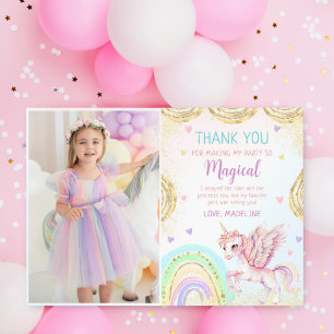 Magical Rainbow Unicorn Pink Gold Birthday Photo Thank You Card