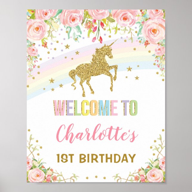 Magical Rainbow Unicorn Pink Gold Floral Welcome Poster (Front)