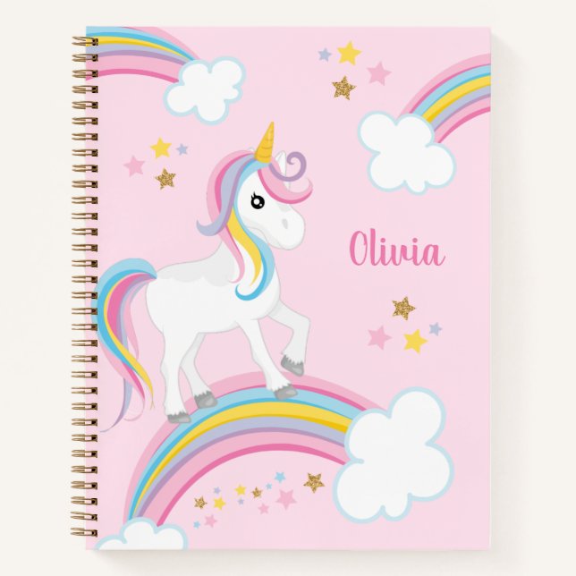Magical Rainbow Unicorn Pink Personalised Kids Notebook (Front)