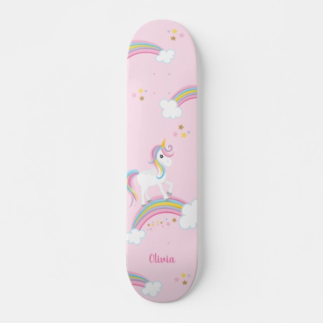 Magical Rainbow Unicorn Pink Personalised Skateboard (Front)