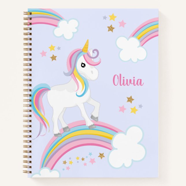 Magical Rainbow Unicorn Purple Personalised Kids Notebook (Front)
