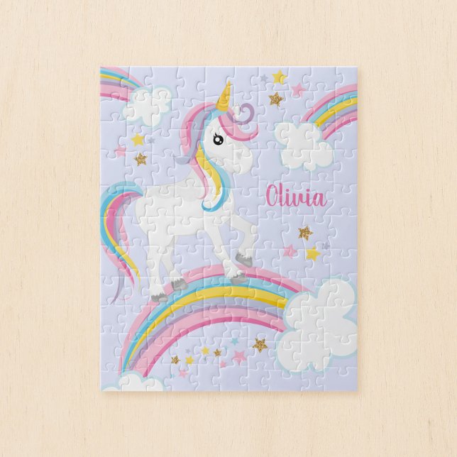 Magical Rainbow Unicorn Purple Personalized Kids Jigsaw Puzzle (Creator Uploaded)