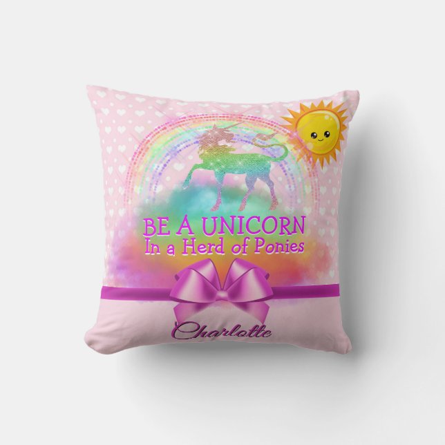 Magical Rainbow Unicorn Quote Pink Personalised Cushion (Front)