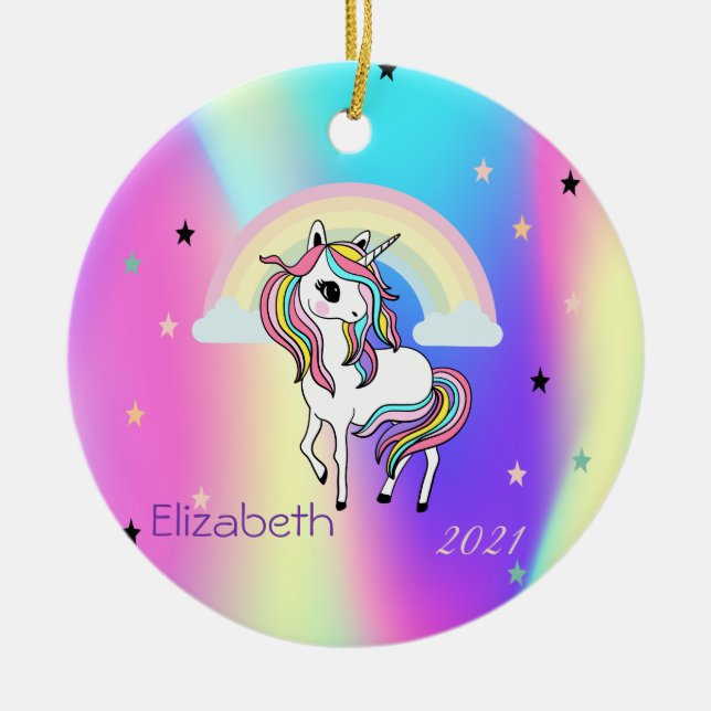 Magical Rainbow Unicorn Stars Holographic Ceramic Ornament (Front)