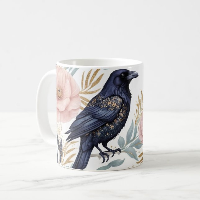 Magical Raven and Floral Elegance Coffee Mug (Front Left)