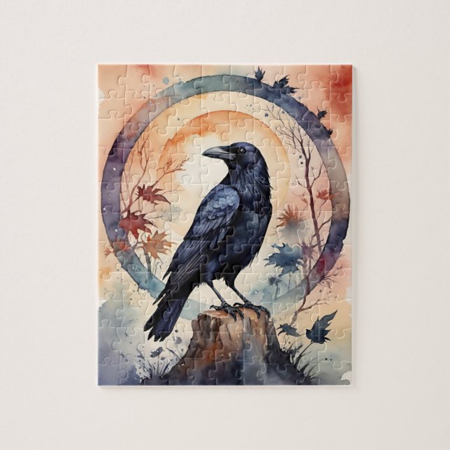 Magical Raven Sunset Fantasy Fall Forest Jigsaw Puzzle (Vertical)