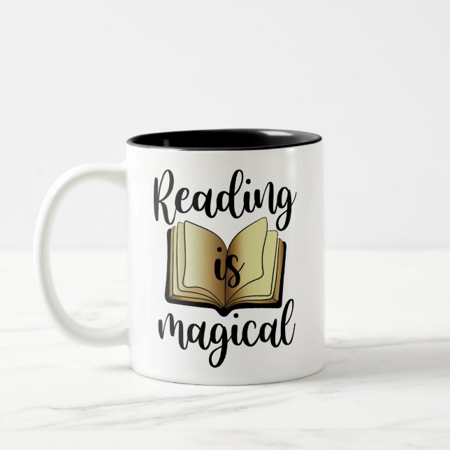 Magical Reading Black Gold Script Book Lover Two-Tone Coffee Mug (Left)