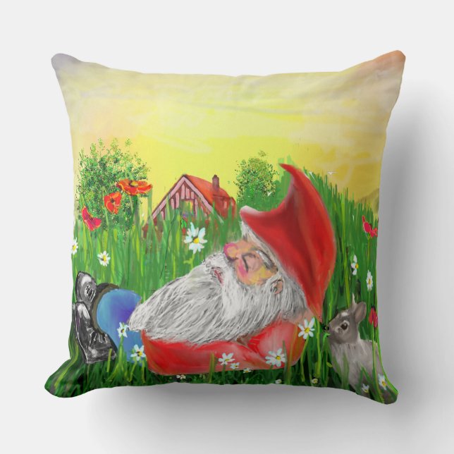 Magical Red and Green Gnome and Rabbit Cushion (Front)
