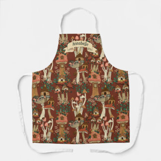 Magical Red Cottage Core Floral Mushroom Pattern  Apron