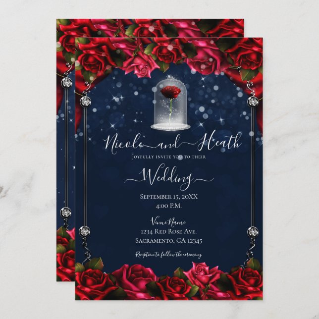 Magical Red Rose White Gold Silver Blue Wedding  Invitation (Front/Back)