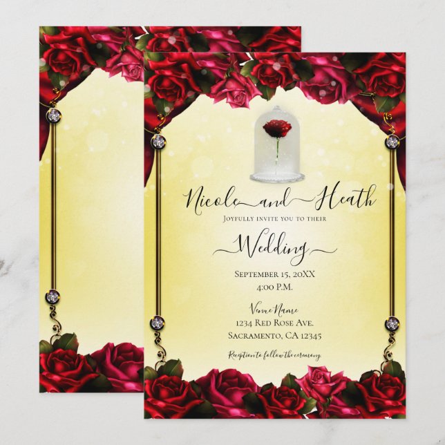 Magical Red Rose Yellow Gold Sparkle Wedding  Invitation (Front/Back)