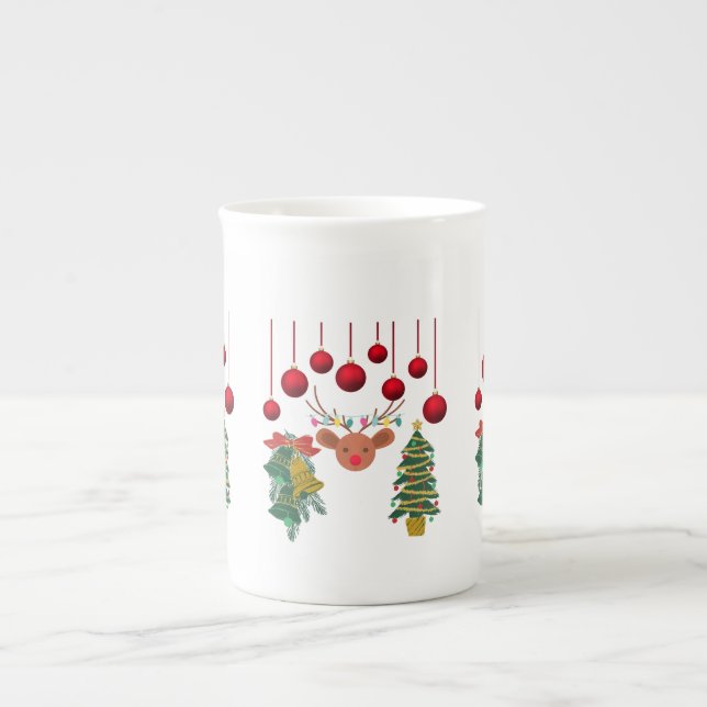 Magical Reindeer Bells and Christmas Tree Design  Bone China Mug (Front)