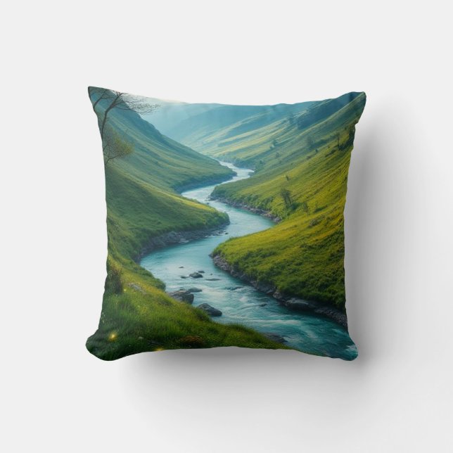 Magical river and green hills landscape cushion (Front)