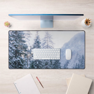 Magical river in enchanted winter forest desk mat