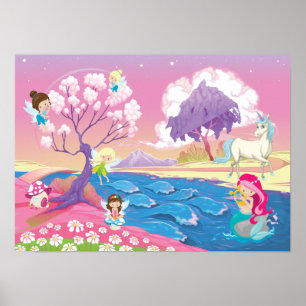 Magical Riverbank with Fairies Unicorn and Mermaid Poster